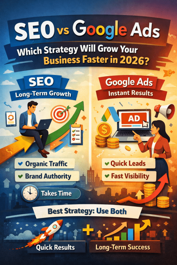 SEO vs Google Ads in 2026 digital marketing strategy comparison for faster business growth