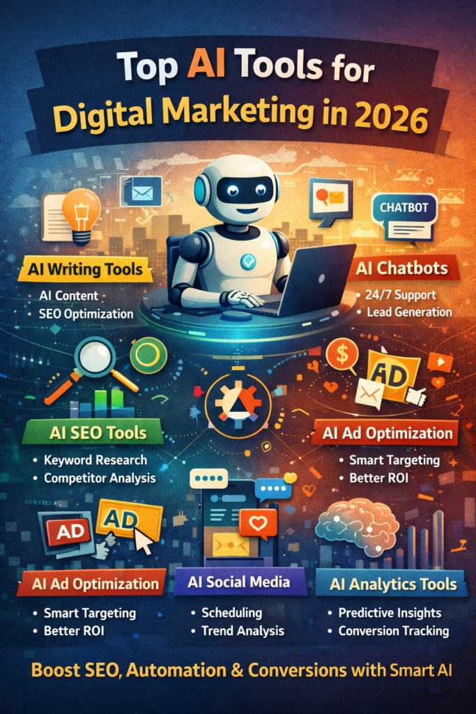 Top AI tools for digital marketing in 2026 showing AI writing, SEO, chatbots, ad optimization, social media, and analytics for business growth