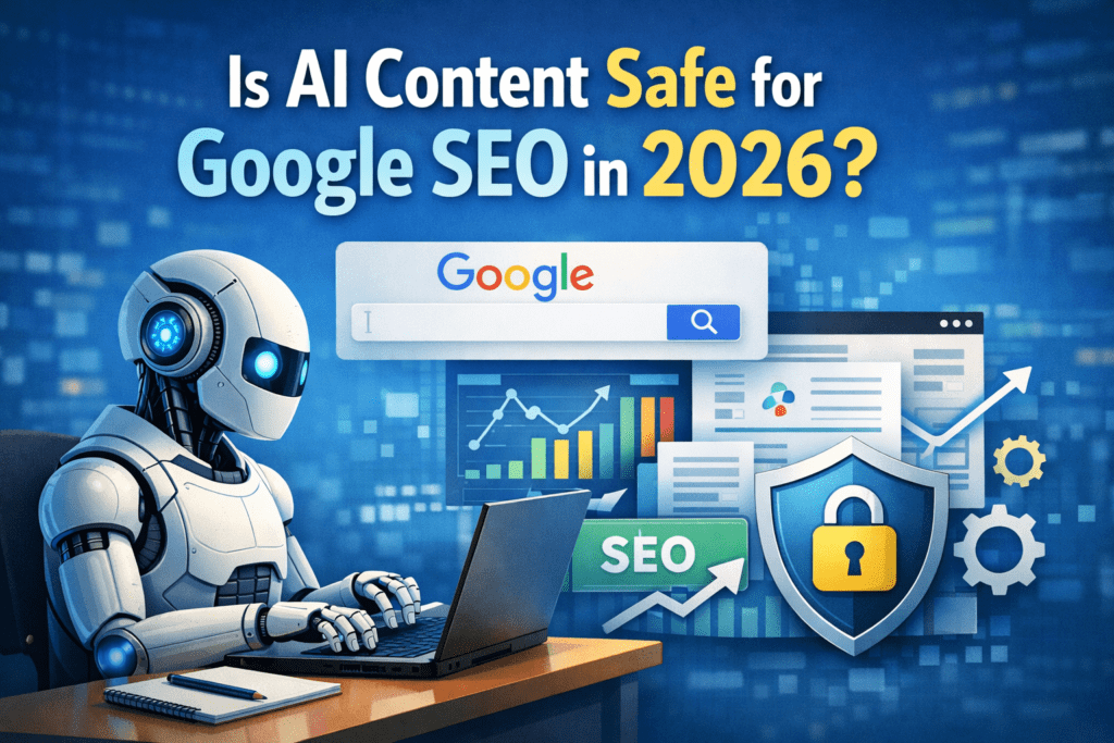 AI content SEO 2026: Robot typing on a laptop with Google search, SEO graphs, and security shield, illustrating safe AI content practices."
