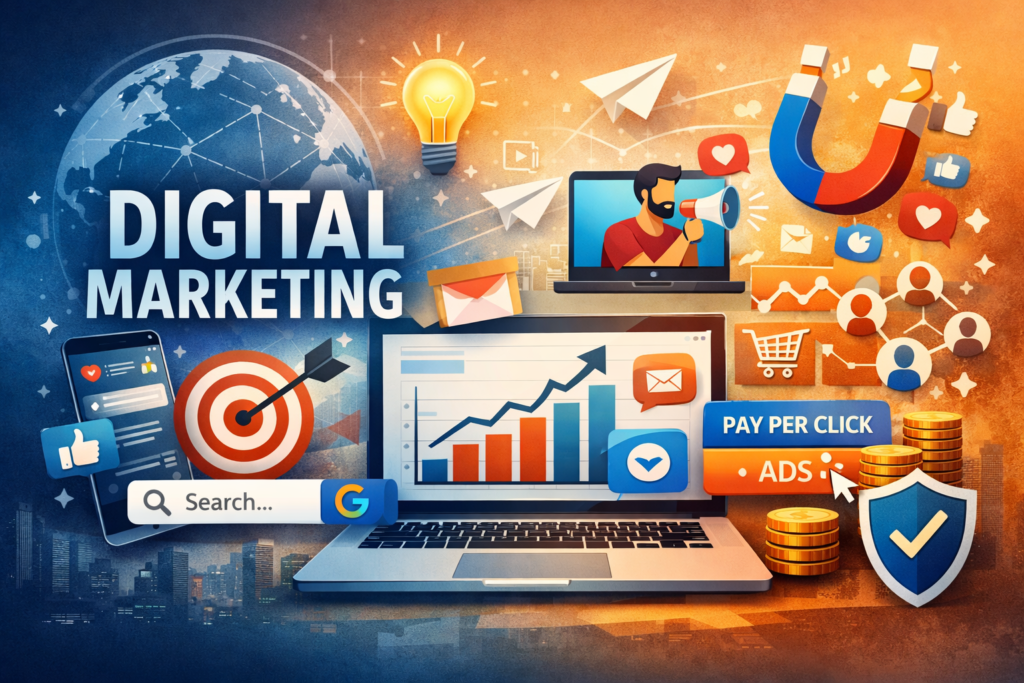 Digital marketing concept with laptop, graphs, social media icons, SEO charts, pay-per-click ads, and online engagement symbols.