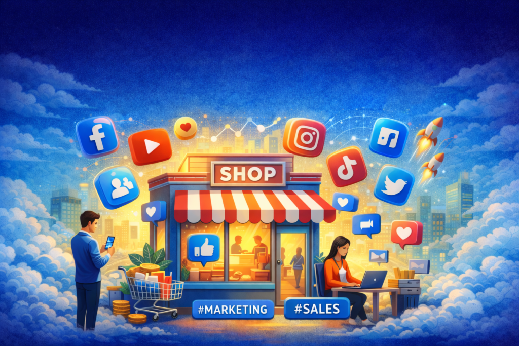 Illustration showing small business owners using social media for marketing, including Instagram, Facebook, WhatsApp, and YouTube, with icons and devices on a professional workspace.