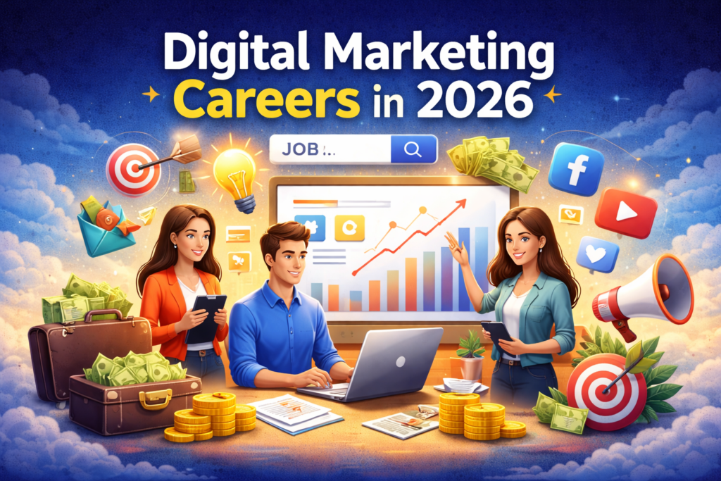 Illustration of a digital marketing career in 2026, showing a person working on laptop with SEO charts, social media icons, email marketing tools, and analytics dashboards.