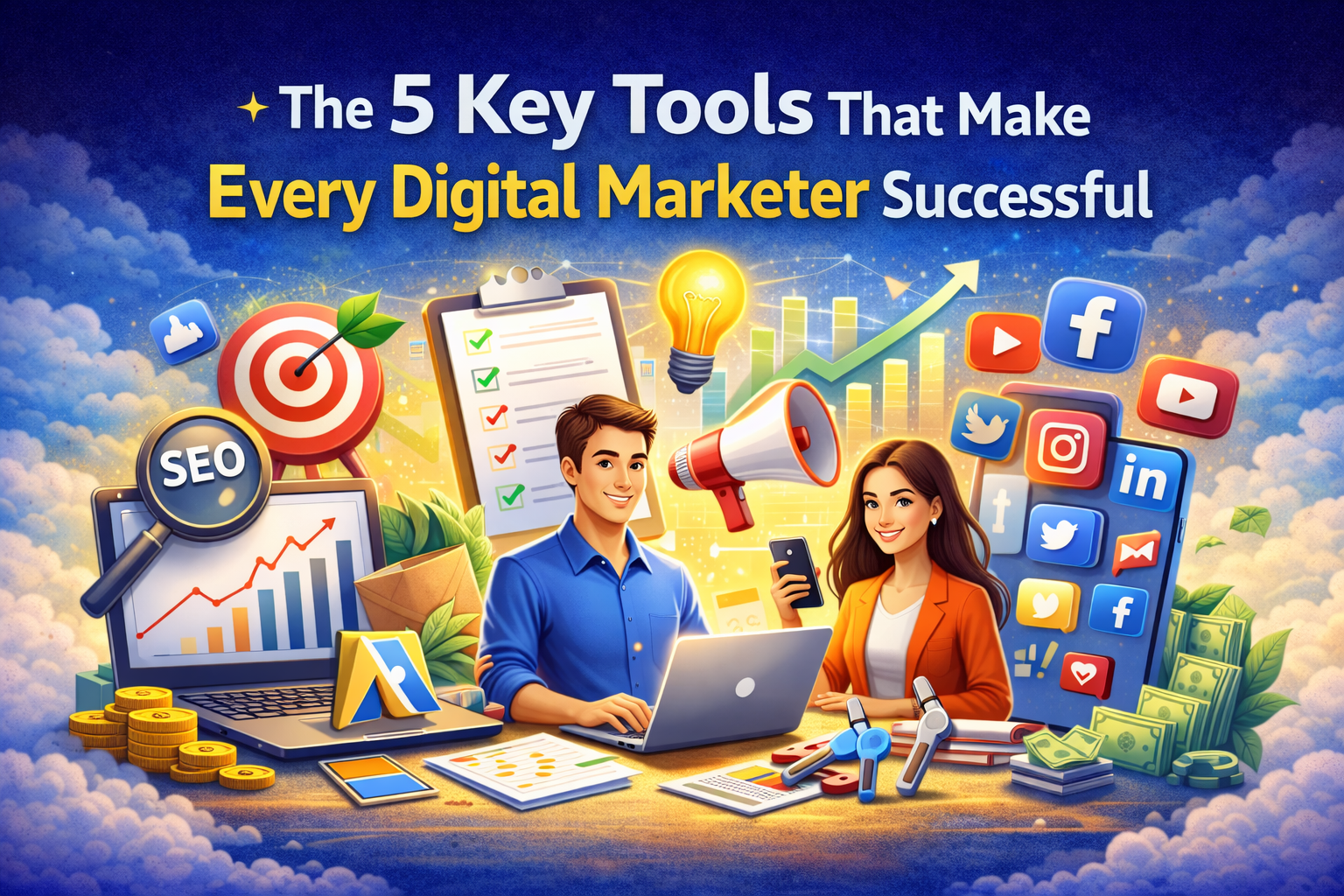 Illustration showing the five essential tools for digital marketers, including SEO, social media, analytics, and content creation