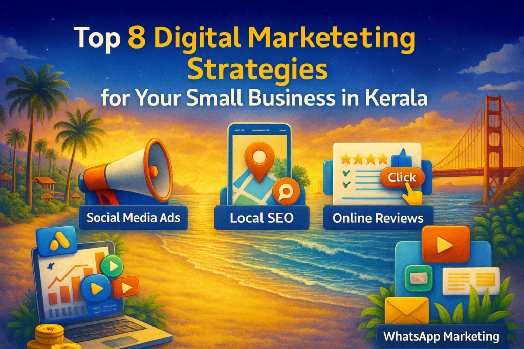 Top 8 digital marketing strategies for small businesses, including SEO, social media, email marketing, and paid ads