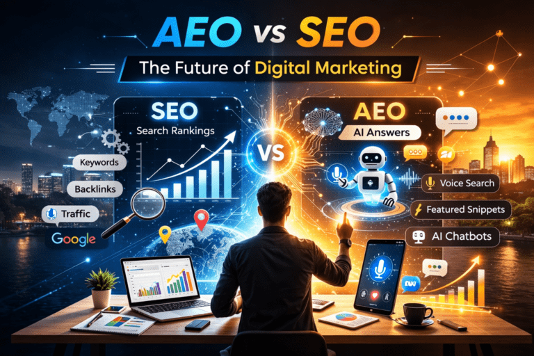 AEO vs SEO digital marketing comparison graphic
