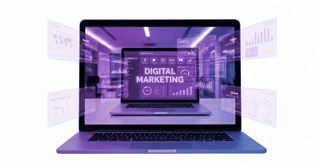 Laptop with DM text representing freelance digital marketer in Thrissur
