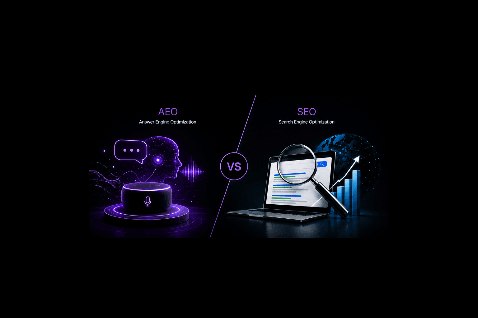 AEO vs SEO comparison graphic by a freelance digital marketer in Kottayam with AI, voice search, laptop, and search analytics visuals.